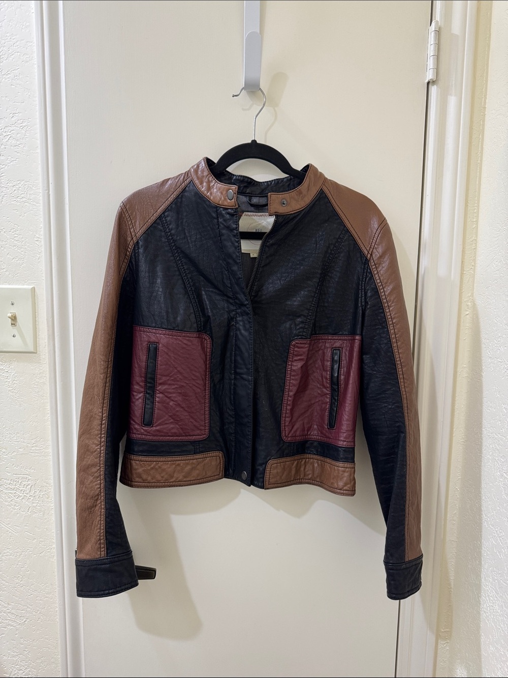 Anthropologie Women’s Multicolor Faux Leather Jacket - Black, Brown & Burgundy